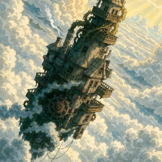 A flying castle floating in clouds at sunrise. Match the visual aesthetic of 'Howl's Moving Castle' by Studio Ghibli, with Miyazaki's blend of steampunk elements and fantasy. - Recraft V4.1