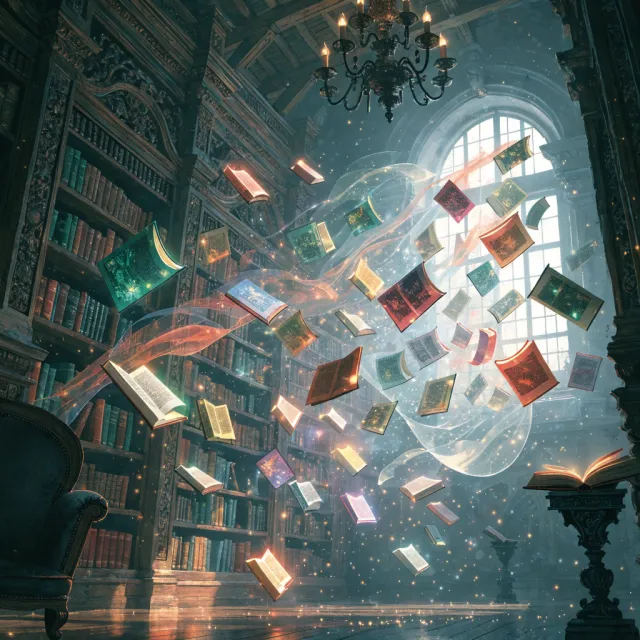 A library where the books are glowing and floating in mid-air, illustrated in a magical… - Recraft V4.1