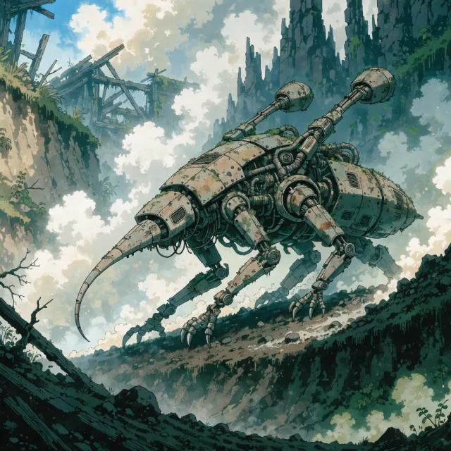 A mechanical creature in a polluted landscape. Capture the visual aesthetic of 'Nausicaä'… - Recraft V4.1