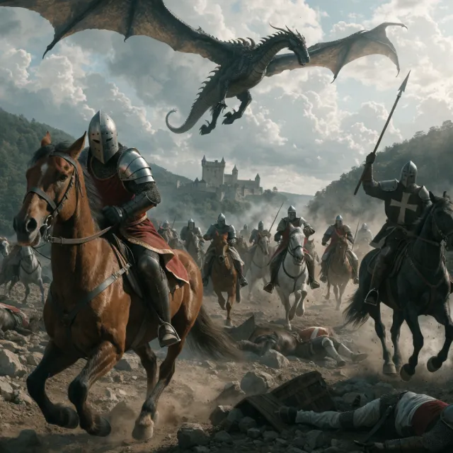 A medieval battlefield with knights on horseback and a dragon flying overhead - Recraft V4.1