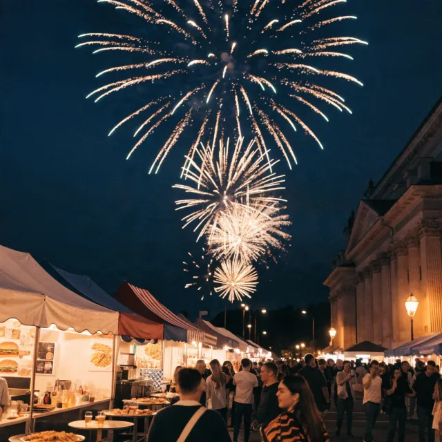 A nighttime festival with fireworks in the sky, food stalls lined up, and crowds mingling - Recraft V4.1