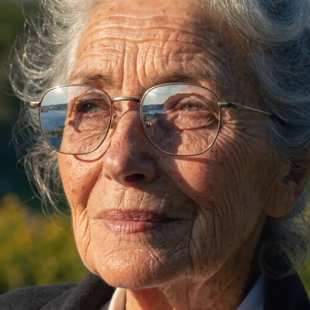 A ultra high-resolution portrait of an elderly woman with silver hair and bifocal… - Recraft V4.1
