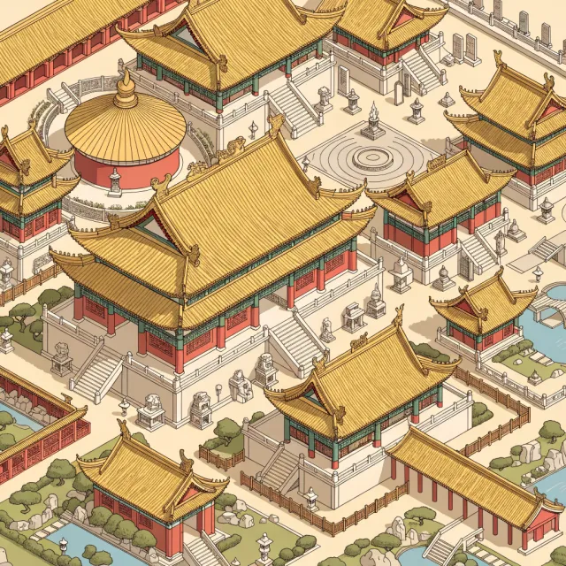 Isometric architectural illustration of an ancient Chinese temple complex showing… - Recraft V4.1