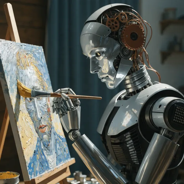 Photorealistic image of a robot painting a realistic self-portrait (i.e. the robot) on… - Recraft V4.1