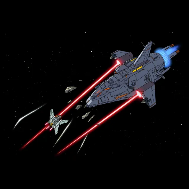 A 90s anime-style space battle scene with giant starships and laser beams. - Reve Image (Halfmoon)