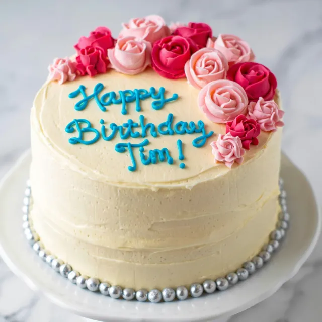 A birthday cake with icing that spells "Happy Birthday Tim!" on top, food photography style. - Reve Image (Halfmoon)