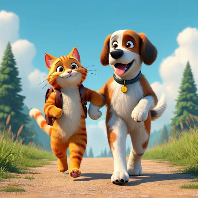 A cartoon of a cat and a dog on an adventure, drawn in a colorful 2D style - Reve Image (Halfmoon)