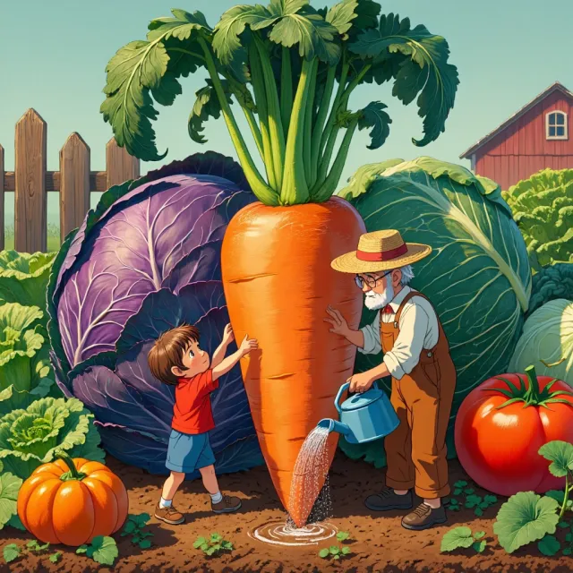 A child and elder tending oversized vegetables in a garden. Reproduce the artistic style… - Reve Image (Halfmoon)