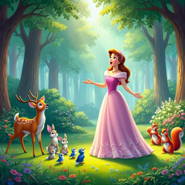 A classic Disney-like 2D cartoon princess singing with animals in a forest - Reve Image (Halfmoon)