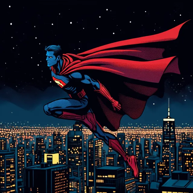 A comic-book style superhero flying over a city at night, with halftone shading - Reve Image (Halfmoon)