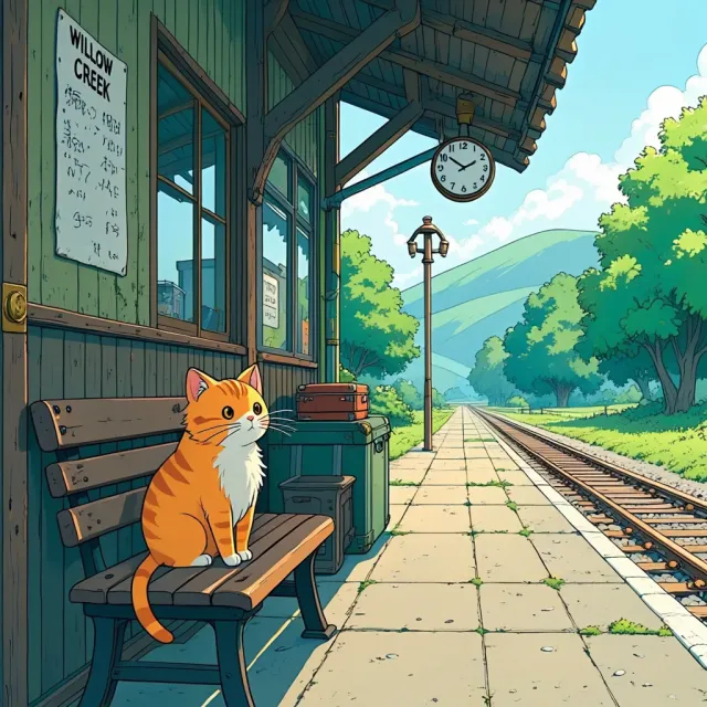 A countryside train station with a cat waiting on a bench. Rendered in Studio Ghibli… - Reve Image (Halfmoon)