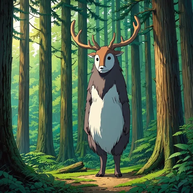 A forest spirit standing among tall trees. Replicate the artistic style of 'Princess… - Reve Image (Halfmoon)
