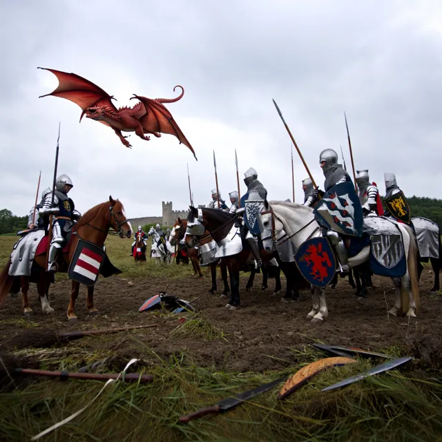 A medieval battlefield with knights on horseback and a dragon flying overhead. - Reve Image (Halfmoon)