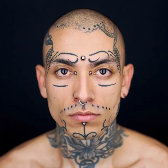 A portrait of a person with elaborate facial tattoos and piercings, shown in sharp detail - Reve Image (Halfmoon)
