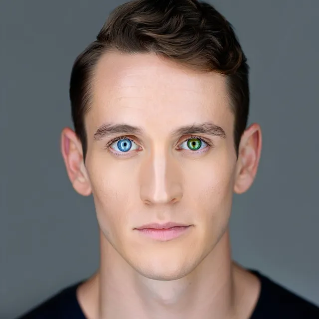 A studio headshot of a young man with one blue eye and one green eye (heterochromia) - Reve Image (Halfmoon)