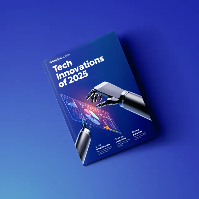 A technology magazine cover featuring the headline "Tech Innovations of 2025," clean… - Reve Image (Halfmoon)