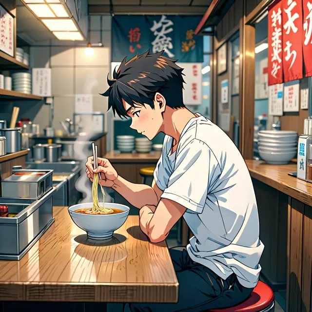 An anime scene of a character eating ramen at a small shop counter (slice-of-life style) - Reve Image (Halfmoon)