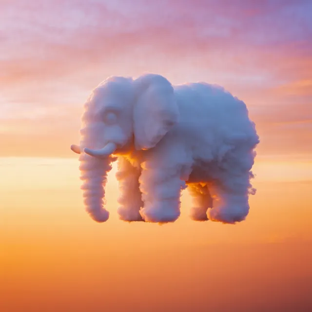 An elephant made of clouds floating in a sunset sky, rendered in a surrealist… - Reve Image (Halfmoon)