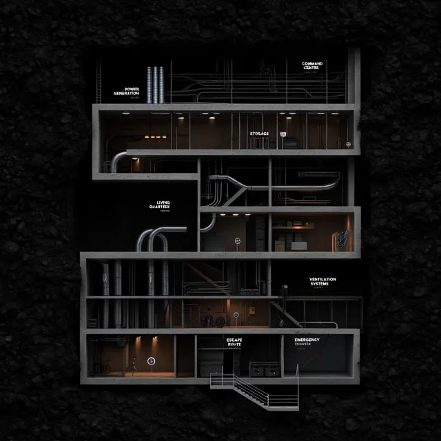 Cross-section rendering of a multi-level underground bunker with different functional… - Reve Image (Halfmoon)