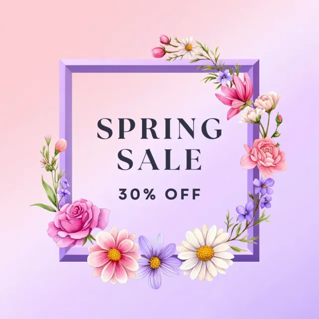 Instagram post graphic: 'SPRING SALE 30% OFF'. Floral background, pastel colors, elegant… - Reve Image (Halfmoon)