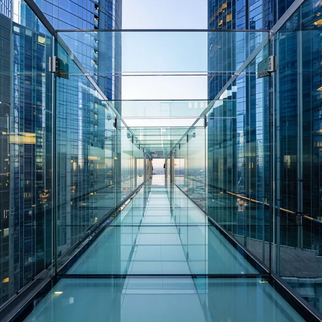 Photorealistic rendering of a contemporary glass skybridge between two skyscrapers, seen… - Reve Image (Halfmoon)
