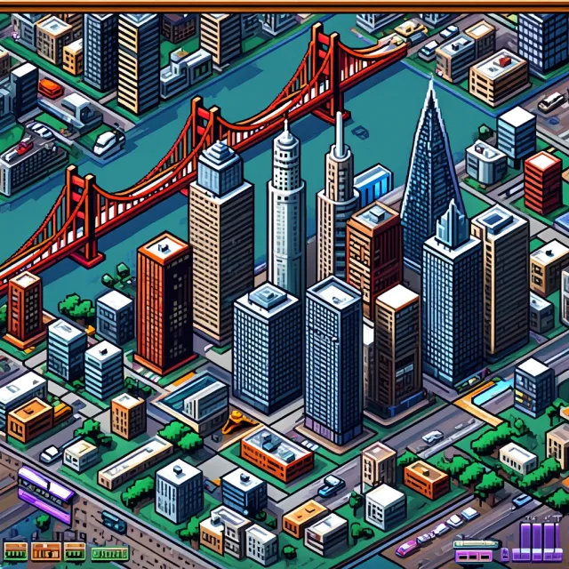 Pixel art cityscape of San Francisco in the iconic SimCity 2000 style, isometric view… - Reve Image (Halfmoon)