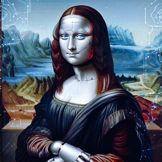 The Mona Lisa reimagined as a futuristic android, rendered in a digital art style that… - Reve Image (Halfmoon)
