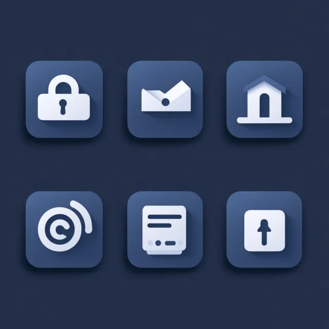 Set of 5 consistent flat design icons for a mobile banking app: 'Home', 'Transfer', 'Account', 'Scan QR', 'Settings'. Monochrome dark blue. - Midjourney V6.1