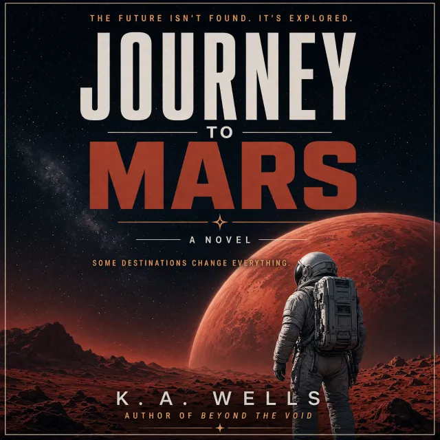 A book cover showing the title "Journey to Mars" along with an astronaut illustration, contemporary sci-fi design style. - Grok Imagine 2.0