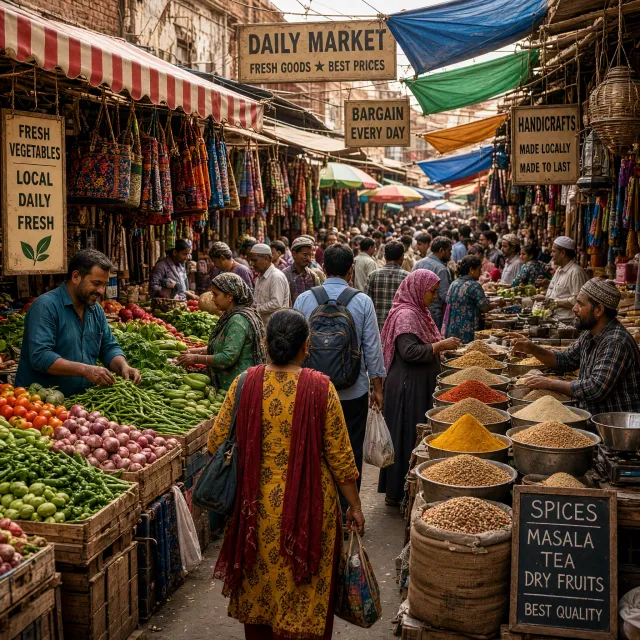 A bustling market scene with dozens of people buying and selling goods. - Grok Imagine 2.0
