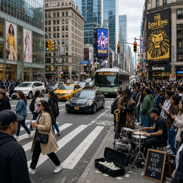 A busy city intersection with cars, pedestrians, and street performers all in one frame. - Grok Imagine 2.0