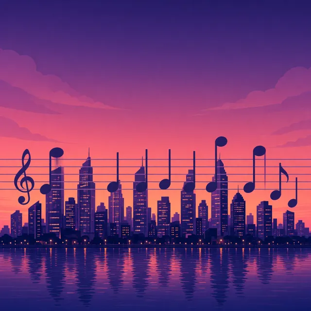 A city skyline that forms the shape of musical notes on a staff, created in a stylized graphic design aesthetic with clean architectural lines and dramatic twilight colors. - Grok Imagine 2.0