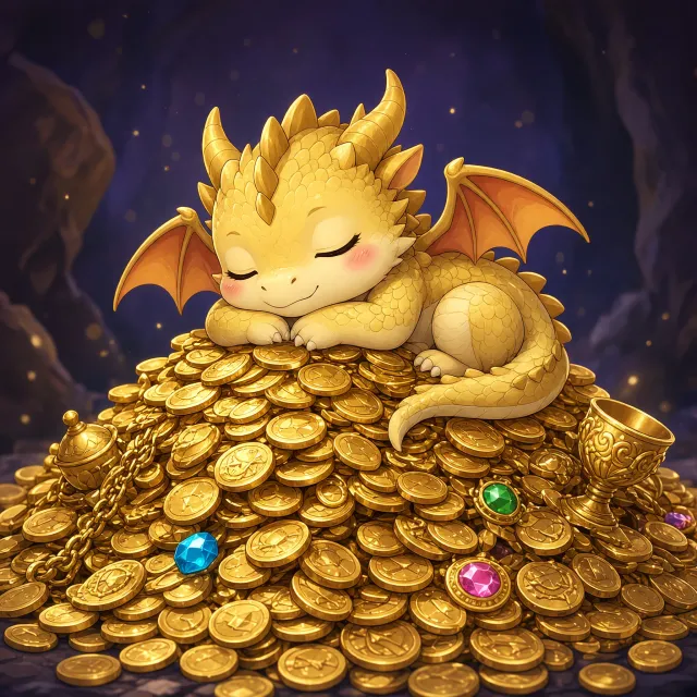 A cute chibi-style dragon sleeping on a pile of gold - XAI Grok Imagine 2.0