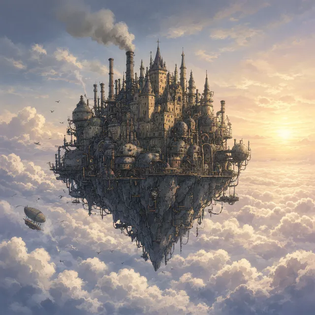 A flying castle floating in clouds at sunrise. Match the visual aesthetic of 'Howl's Moving Castle' by Studio Ghibli, with Miyazaki's blend of steampunk elements and fantasy. - Grok Imagine 2.0