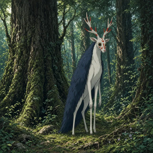 A forest spirit standing among tall trees. Replicate the artistic style of 'Princess Mononoke' by Studio Ghibli, with Miyazaki's detailed environments and mystical creature design. - Grok Imagine 2.0