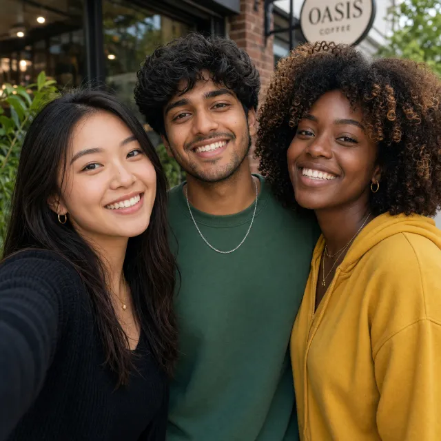 A group selfie of three friends of different ethnic backgrounds smiling at the camera - XAI Grok Imagine 2.0