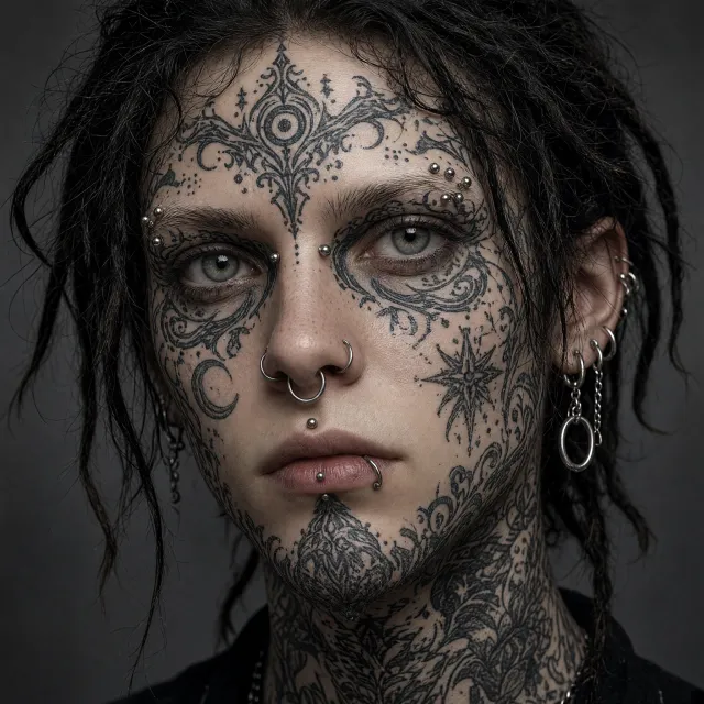 A portrait of a person with elaborate facial tattoos and piercings, shown in sharp detail. - Grok Imagine 2.0