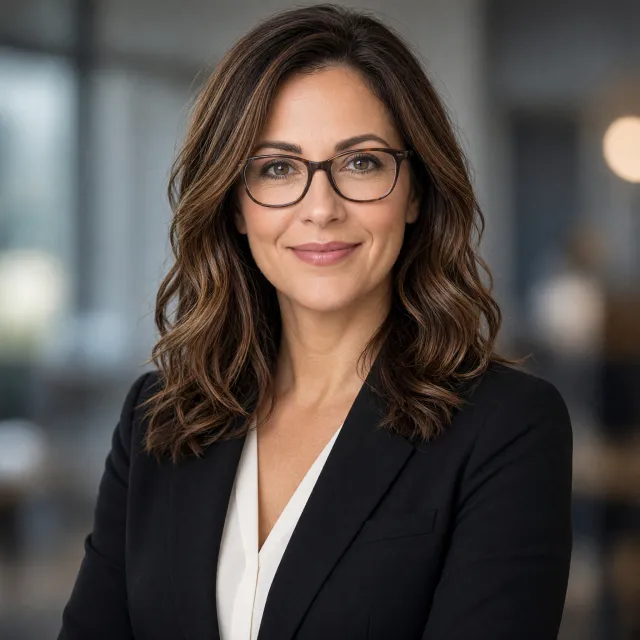 A professional headshot of a businesswoman wearing glasses, against a blurred background. - Grok Imagine 2.0