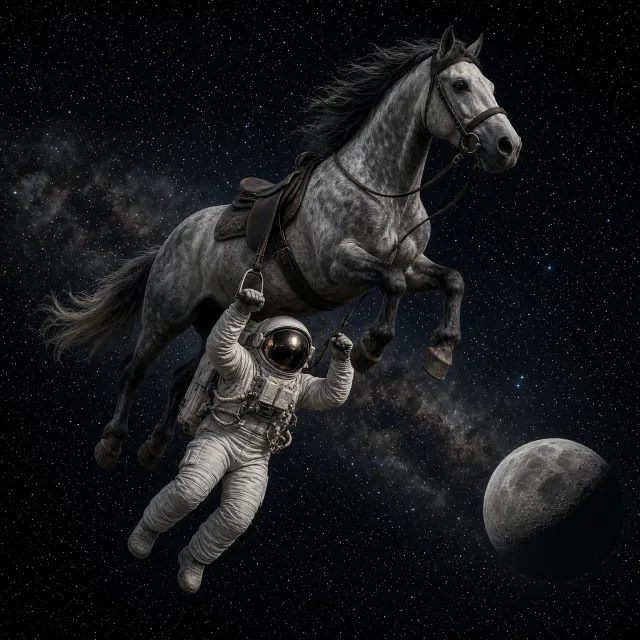 A realistic astronaut being ridden by a horse, photorealistic depiction in outer space with accurate lighting and proportions - Grok Imagine 2.0