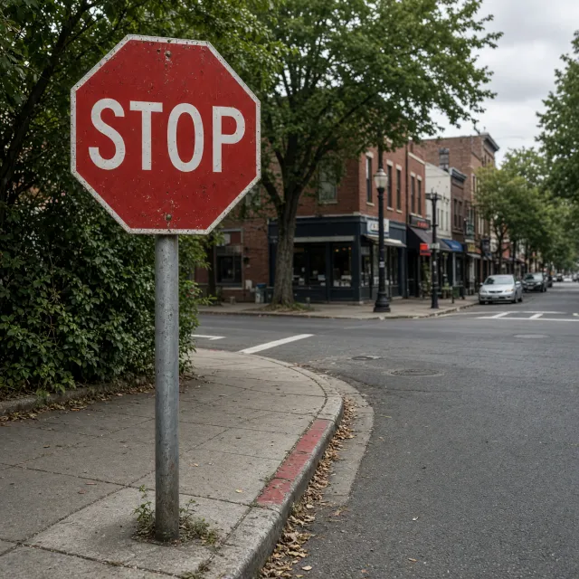 A red stop sign on a street corner displaying the word "STOP", photorealistic urban photography. - Grok Imagine 2.0