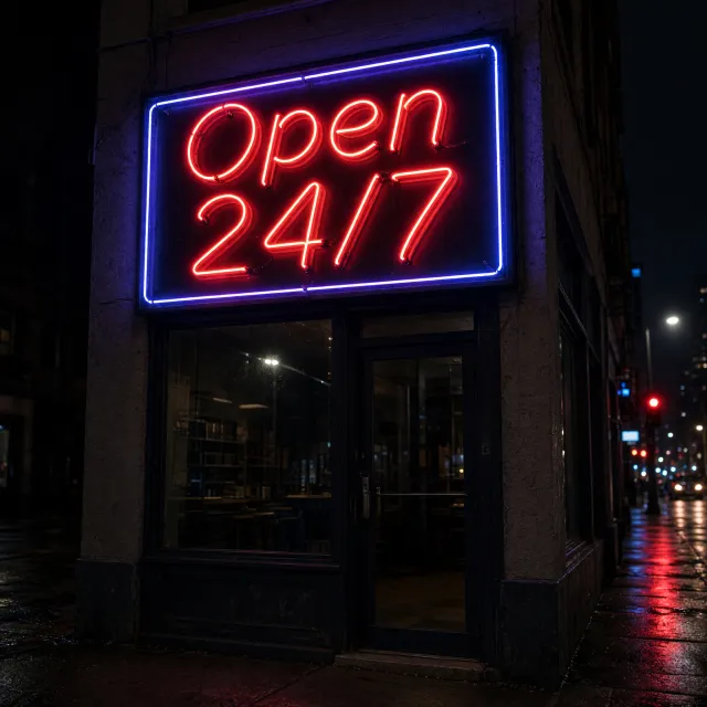 A storefront sign that says "Open 24/7" in neon lights, nighttime urban photography - XAI Grok Imagine 2.0