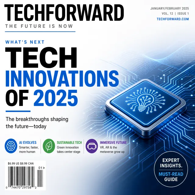 A technology magazine cover featuring the headline "Tech Innovations of 2025," clean… - XAI Grok Imagine 2.0