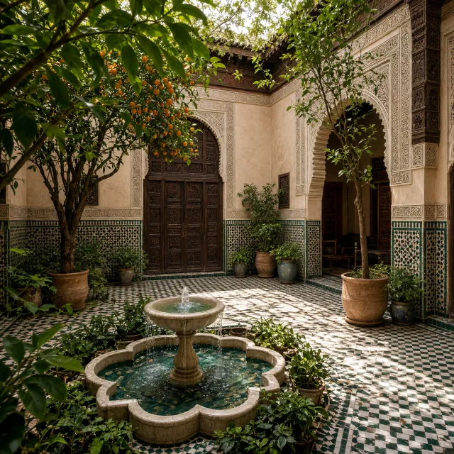 A traditional Moroccan riad courtyard with detailed zellige tilework, flowing fountain… - XAI Grok Imagine 2.0