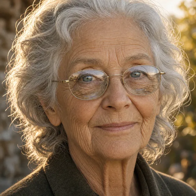A ultra high-resolution portrait of an elderly woman with silver hair and bifocal glasses, each lens reflecting a distant landscape, captured in warm late-afternoon sunlight - Grok Imagine 2.0