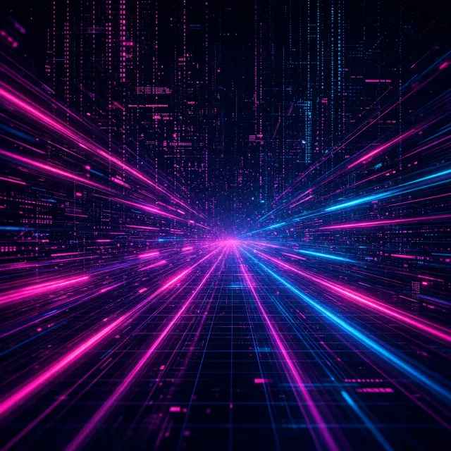Abstract background graphic, cyberpunk aesthetic, neon pink/blue light trails on dark… - XAI Grok Imagine 2.0