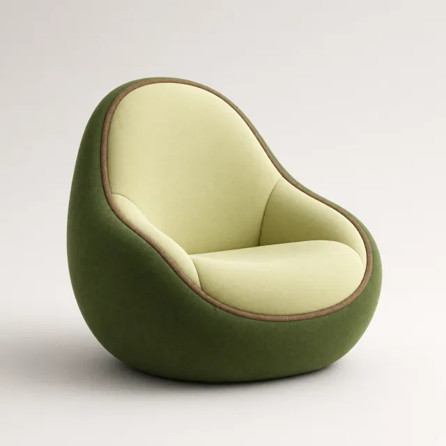 An armchair designed in the shape of an avocado, presented in a contemporary product photography style with professional studio lighting against a minimalist background. - Grok Imagine 2.0