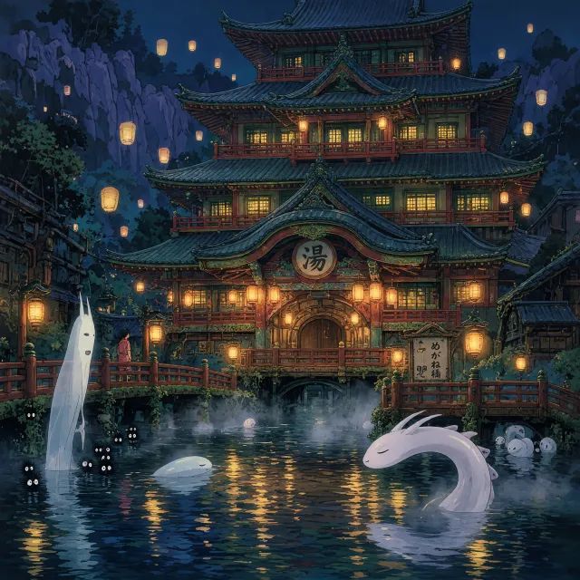 An enchanted bathhouse with glowing lanterns and spirits. Recreate the visual style of… - XAI Grok Imagine 2.0