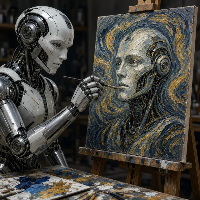 Photorealistic image of a robot painting a realistic self-portrait (i.e. the robot) on canvas, mimicking Van Gogh’s art style; clear, realistic metallic textures and painting details visible - Grok Imagine 2.0
