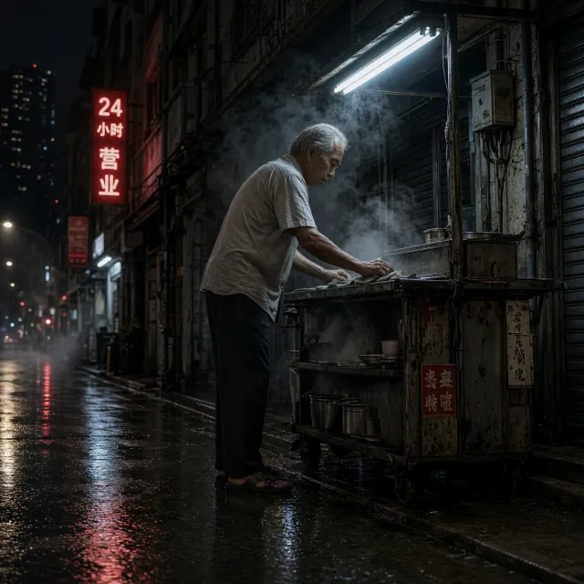 Rain-slicked Singapore street, 3 AM. A lone elderly hawker cleans his cart under one… - XAI Grok Imagine 2.0