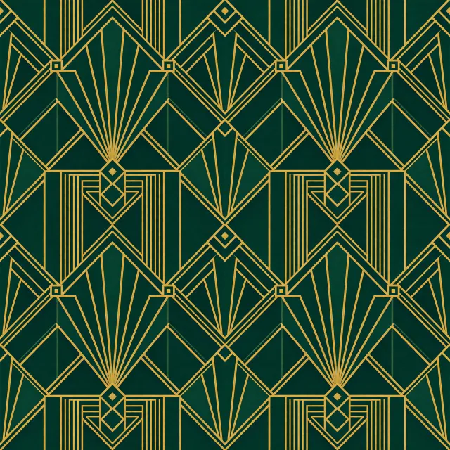 Seamless geometric pattern, Art Deco style, gold lines on deep emerald green background, high resolution texture for print. - Grok Imagine 2.0